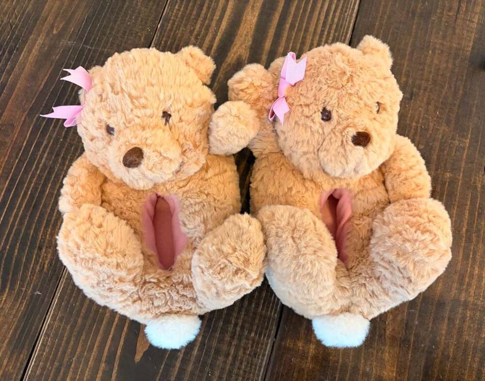 Wonder Nation Teddy Bear Slippers Size 11-12 Tan Plush Pink Bow